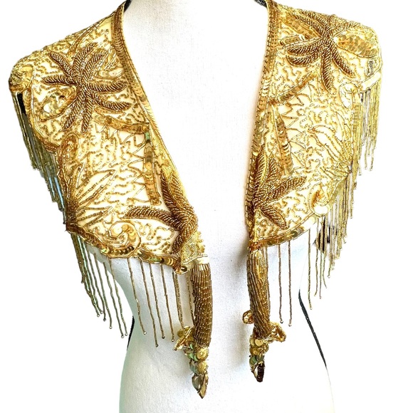Vintage Heavily Beaded Sequined Lace Gold Tone Frilly Shrug Wrap - Picture 5 of 15
